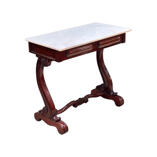 English mahogany console table with s shaped supports and later marble top c.1860