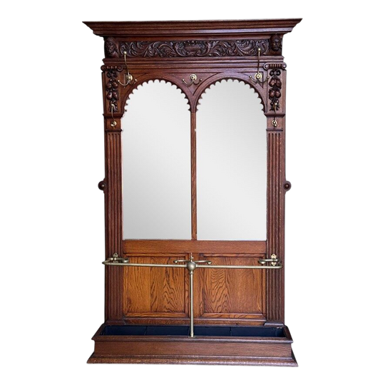 French oak hall stand with mirrored back and brass hardware c.1870