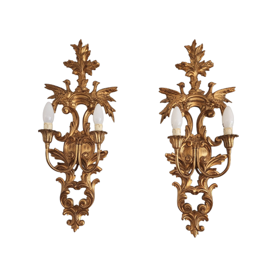 Set Of 2 Louis XVI Antique Classical Baroque Rococo Rocaille Wall Lamps Sconces With Gilded Carved Appliqués And antique Mirrored Glass, France 1890-1920