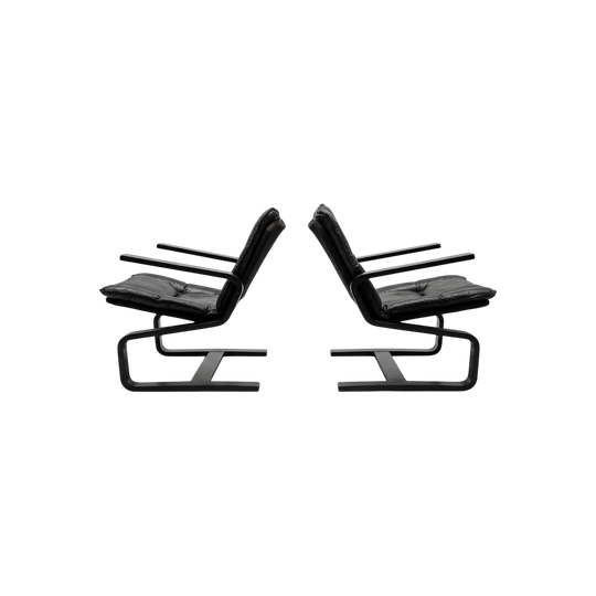 Vintage Danish Lounge Chairs in Black Leather, with Armrests, 1970s
