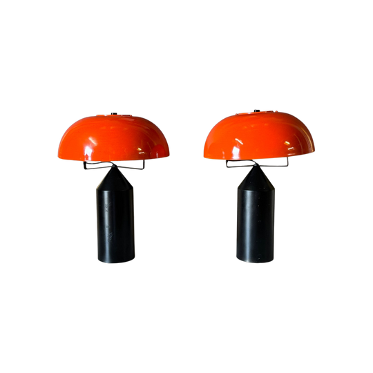 Vintage Pair of Space Age Orange & Black Mushroom Table Lamps