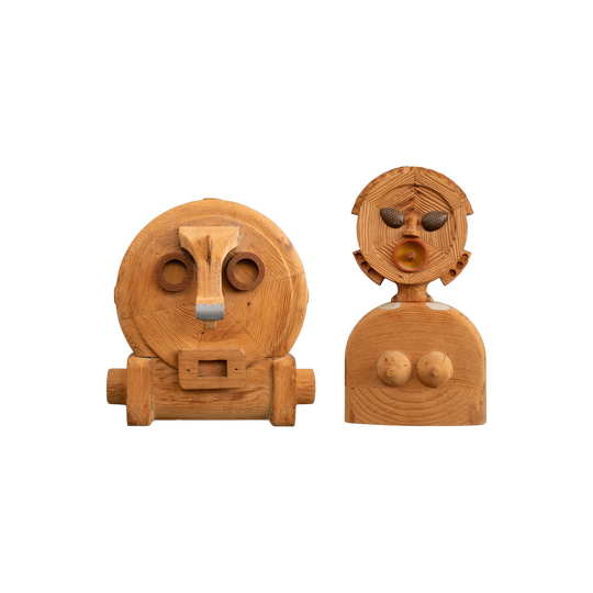 "Madinna" and "Helen Heaven", Pair of Carved Pine Sculptures