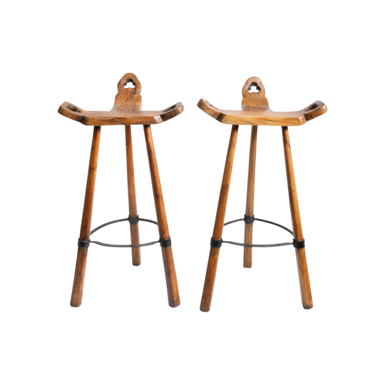Spanish Brutalist 'Marbella' Bar Stools, Elm and Hand-Forged Iron (Pair)