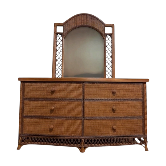Rattan and Wicker Dresser and Mirror