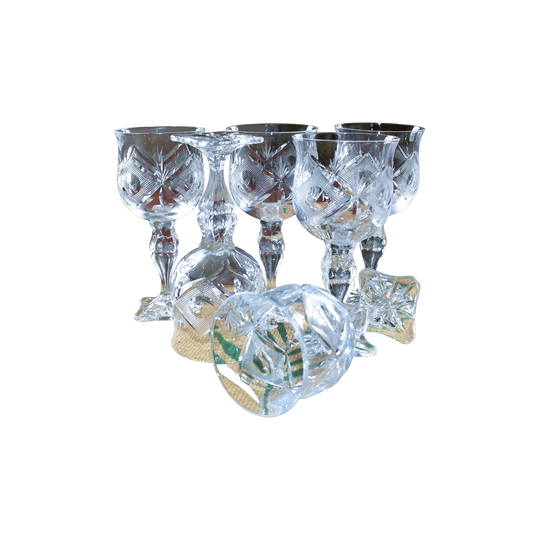 Vintage hand-cut lead Crystal Red Wine Goblets - Set of 6 - Geometric Sturburst & Square Base