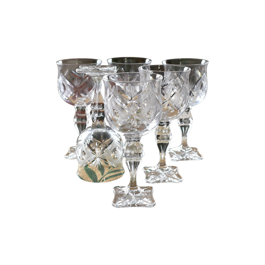 Vintage hand-cut lead Crystal White Wine Goblets - Set of 6 - Geometric Sturburst & Square Base