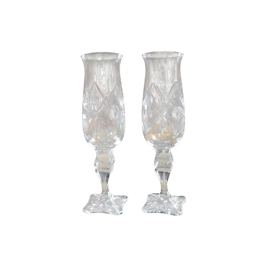 Vintage hand-cut lead Crystal Champagne Flute - Set of 2 - Geometric Sturburst & Square Base