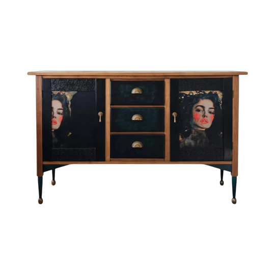 1920s Blackwood Sideboard – Upcycled Buffet with Decoupage Doors, Teal & Gold Damask, Brass Handles, Maximalist Credenza