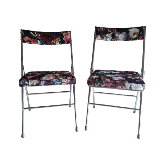 Pair of Mid-Century Vintage Chrome Accent Chairs with Floral Upholstery