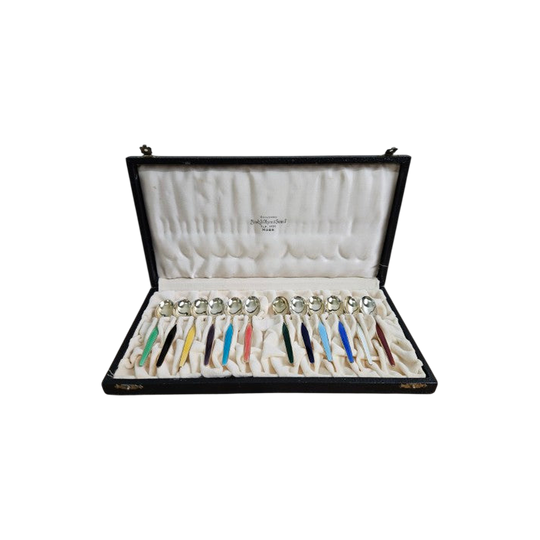 Sterling Silver &amp; Enamel Mid-Century Norwegian Demitasse Teaspoons - Set of 12 in Box