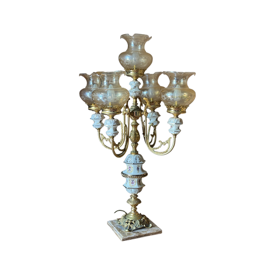 Vintage 5 Arm Gilt & Porcelain Table Lamp on Onyx Base
