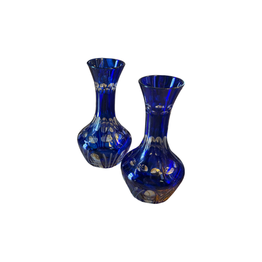 Near Pair of Vintage 20th Century Cobalt Blue Cut Glass Vases