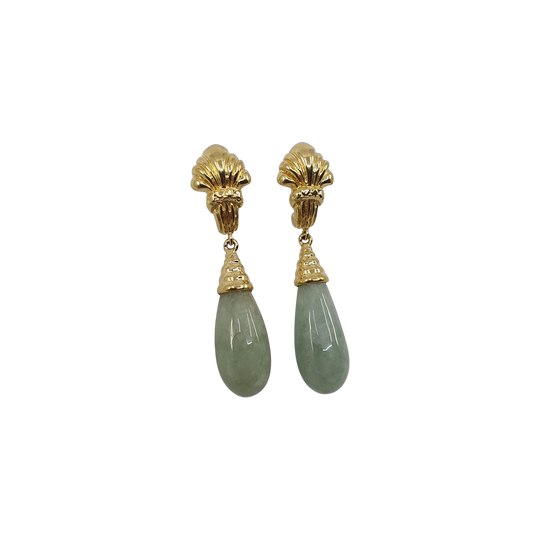 Pair of Vintage 18ct Yellow Gold and Green Jade Teardrop Earrings with Ornate Fan Design