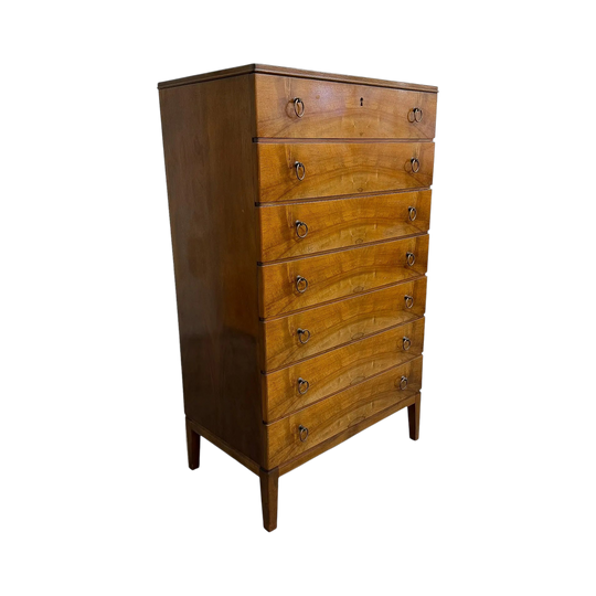 1960's Mid Century Danish Walnut Finish Chest Of Drawers With Brass Handles