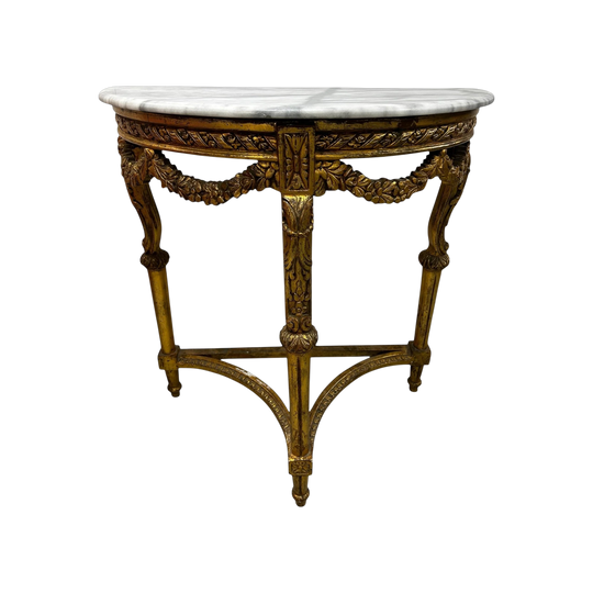 Gold Gilt French Style Demi-lune Console with Marble Top