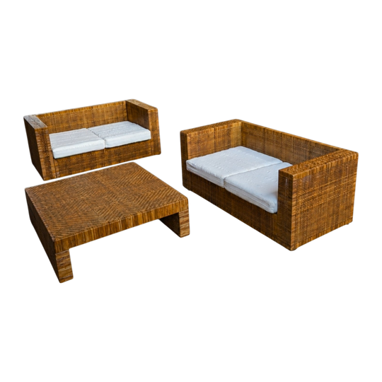 Rare Danny Ho Fong for Tropi Cal Complete Three Piece Rattan Suite, Circa 1965