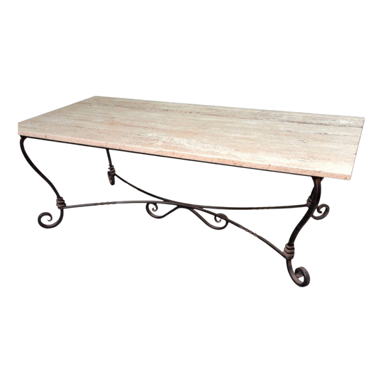 Travertine marble & wrought iron base outdoor Patio table