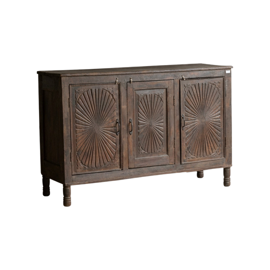 Three Door Carved Teak Sideboard.