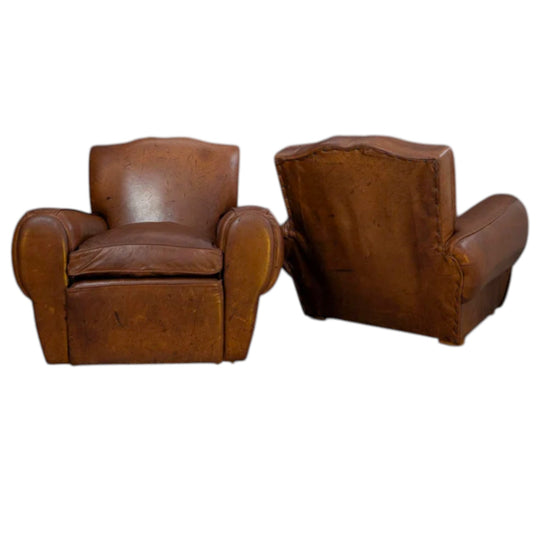 20th Century French Leather Club Armchairs