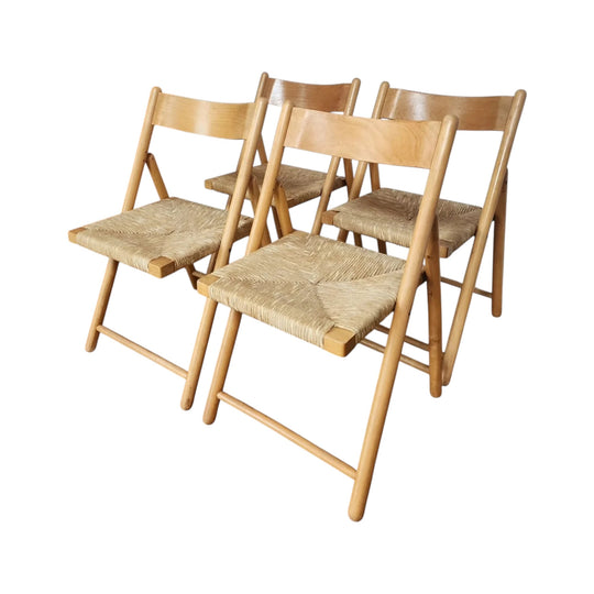 Set of 4 Midcentury Rush Seat Folding Chairs