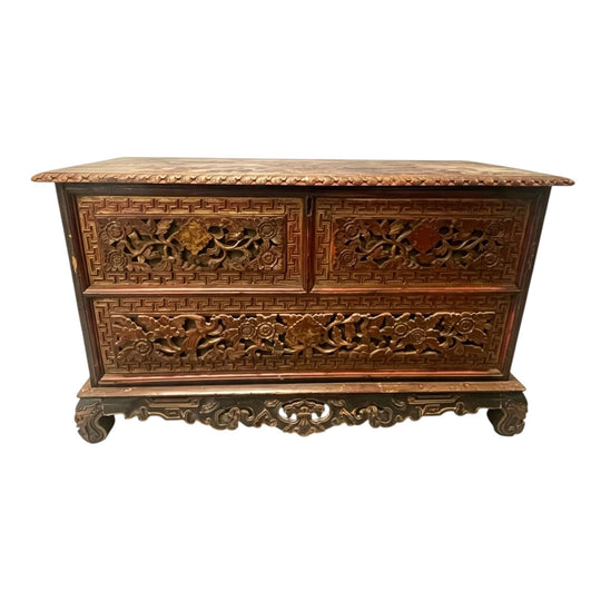 Asian Madurese Antique Heavy Carved Wooden Blanket Storage Trunk Chest