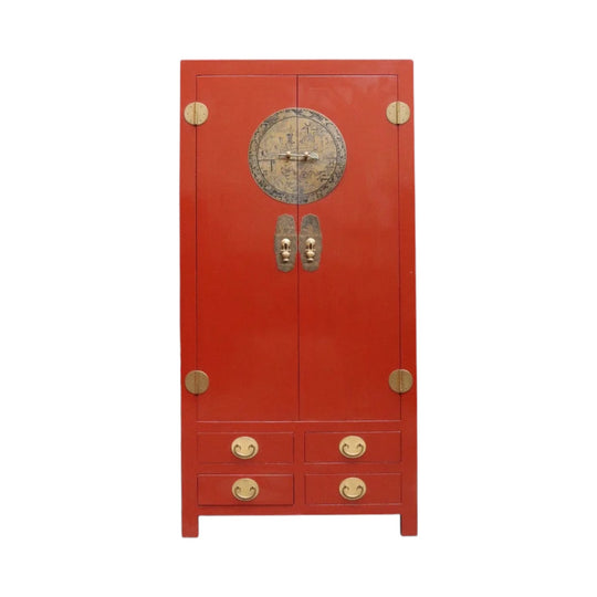 Vintage Chinese Style Red Lacquer Wedding Cabinet with Brass Medallion. B13076