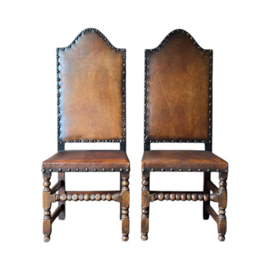 Pair Of Vintage Oak Spanish Revival Studded Leather Hall Chairs