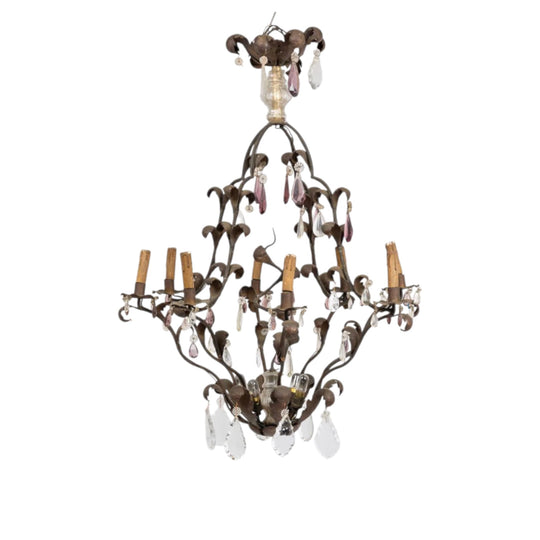 Impressive oversized Iron Chandelier with 8 Lights and purple and clear crystals -A French Masterpiece