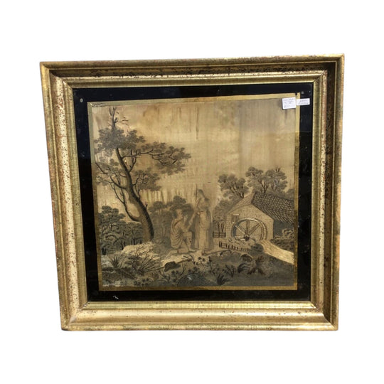 Georgian Silk picture, couple beside house, c.1785