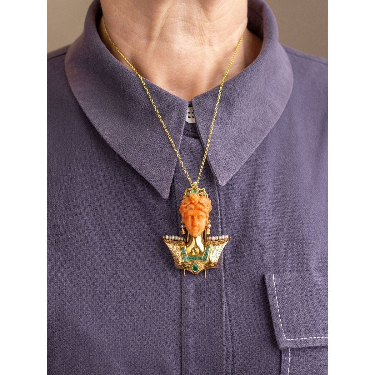 18kt Gold, Carved Coral, Emerald & Pearl 'Bust' Brooch Pendant | Bazaa | Designer, Vintage and Antique Furniture