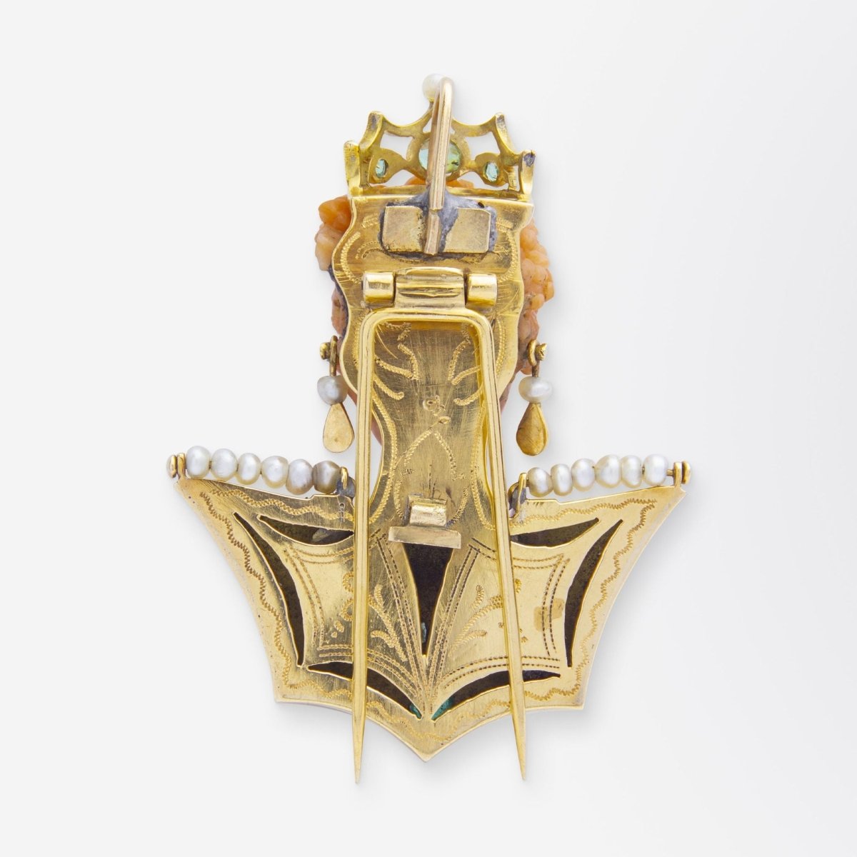 18kt Gold, Carved Coral, Emerald & Pearl 'Bust' Brooch Pendant | Bazaa | Designer, Vintage and Antique Furniture