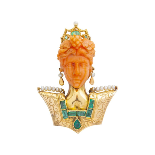 18kt Gold, Carved Coral, Emerald & Pearl 'Bust' Brooch Pendant
