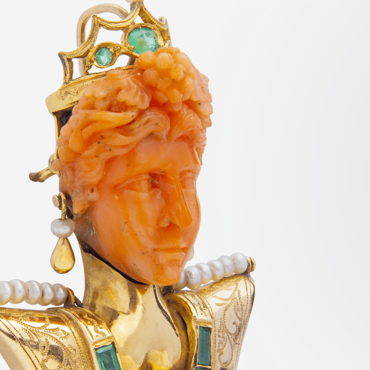 18kt Gold, Carved Coral, Emerald & Pearl 'Bust' Brooch Pendant | Bazaa | Designer, Vintage and Antique Furniture