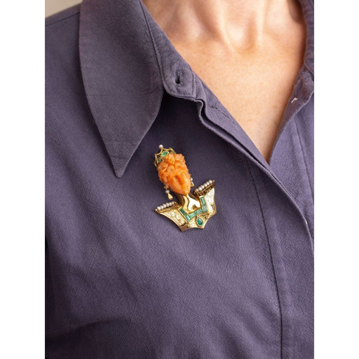 18kt Gold, Carved Coral, Emerald & Pearl 'Bust' Brooch Pendant | Bazaa | Designer, Vintage and Antique Furniture
