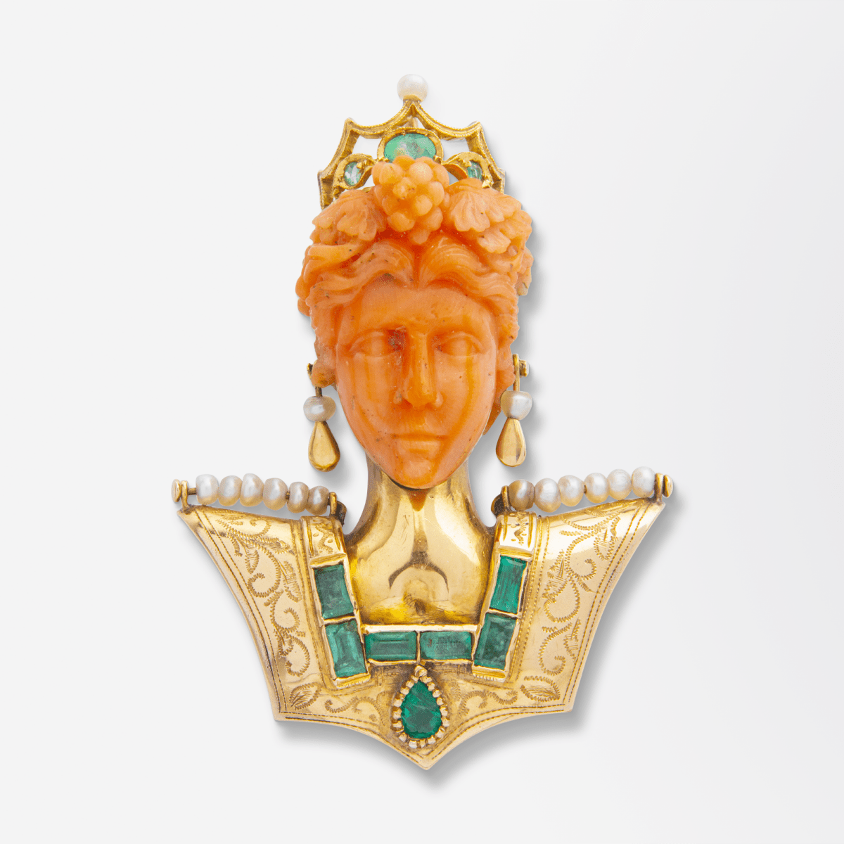 18kt Gold, Carved Coral, Emerald & Pearl 'Bust' Brooch Pendant | Bazaa | Designer, Vintage and Antique Furniture