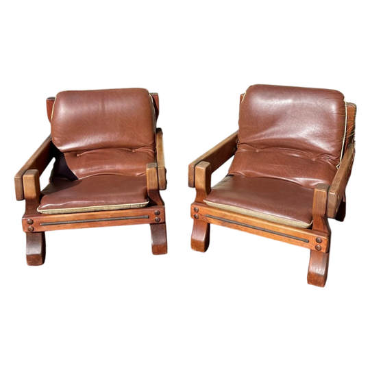Vintage Post & Rail Leather Lounge Chairs.  Bruce Dowse Design. Matching Pair
