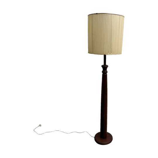 1950-60's Wood And Brass Vintage Floor Lamp Wound Vinyl Ribbon Shade*