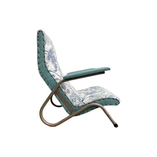 1950's Reupholstered Grasshopper Steel Frame Armchair