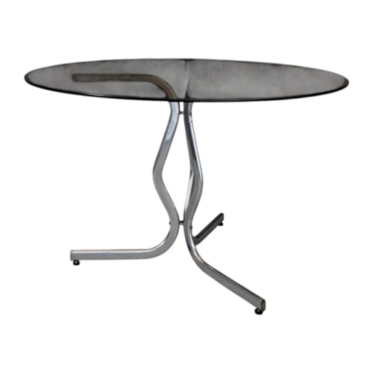 1960s Chrome Pedestal Dining Table Smoked Glass Top