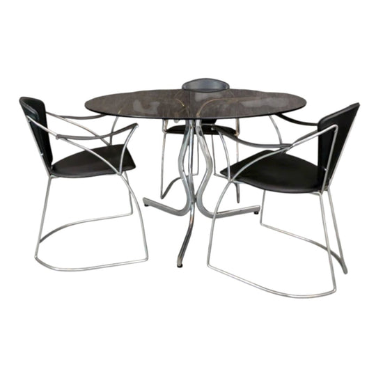 1960s Chrome Pedestal Dining Table with Smoked Glass Top and Italian Leather Chairs