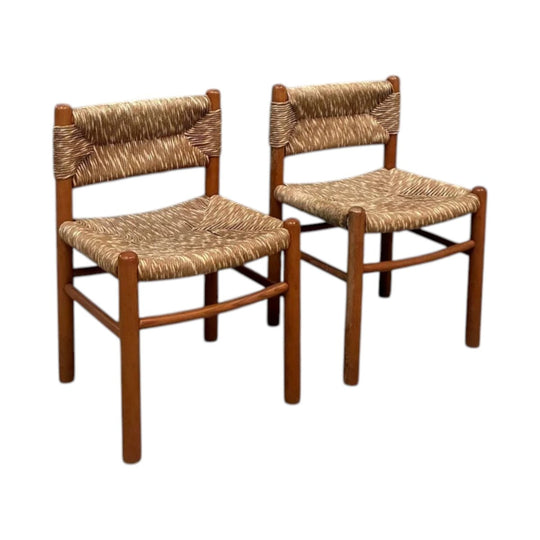 1960s French Oak Chair with Handwoven Rush Seat and Back, in the Manner of Charlotte Perriand