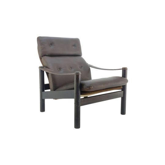 1970s Brown Danish Lounge Chair with Sling Armrests