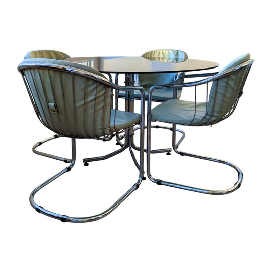 1970s Gastone Rinaldi for Rima | 4 Chairs with Italian Dining Table | Chrome & Smoked Glass