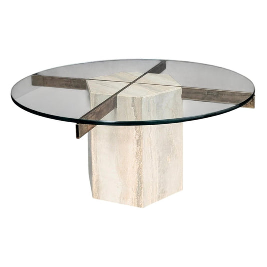 1970s Italian Travertine Coffee Table with Glass Top by Artedi Italy | Bazaa | Designer, Vintage and Antique Furniture