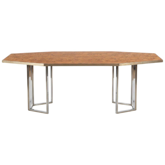 1970s Italian Willy Rizzo–Style Elongated Octagonal Burr Elm Dining Table with Brass Banding and Brass/Chrome Trestle Bases