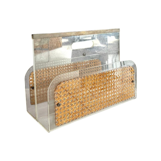 1970s LUCITE, BRASS AND CANE MAGAZINE RACK