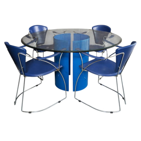 1980s Arrben Blue Leather Dining Chairs with Blue Glass Pedestal Dining Table
