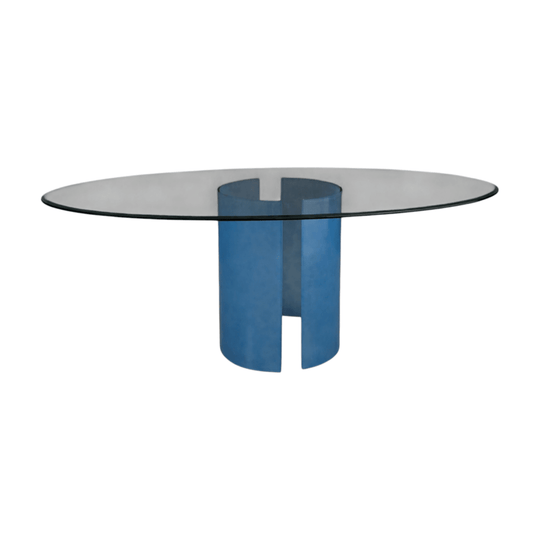 1980s Italian Glass Oval Dining Table with Frosted Blue Glass Pedestal