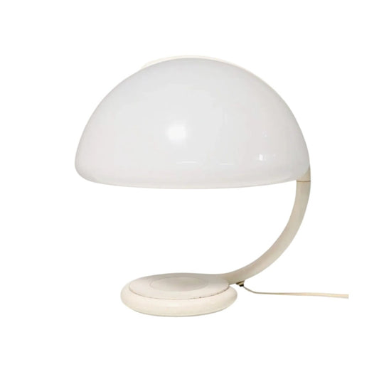1980s Italian-Influenced Mushroom Table Lamp, Serpentine Arm, Opaline Plastic Shade