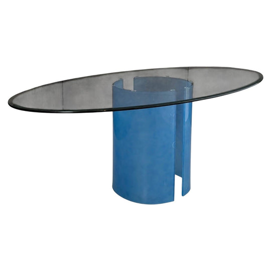1980s Italian Oval Glass Dining Table | Frosted Blue Pedestal